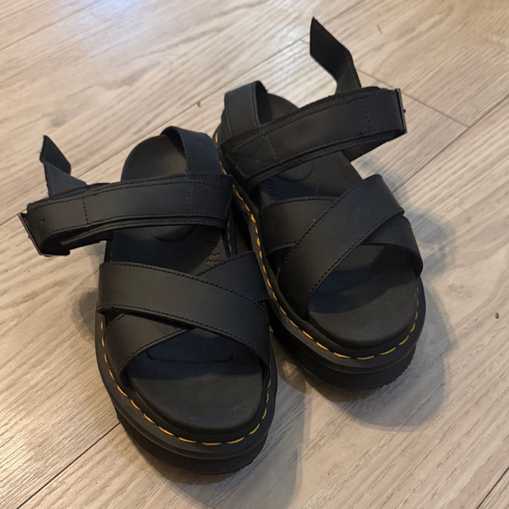 Woman Dr. Marten Black Platform Sandals with Yellow Stitch Detail